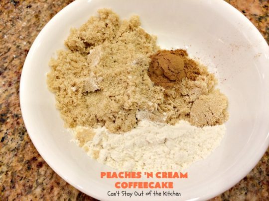Peaches 'n Cream Coffeecake | Can't Stay Out of the Kitchen | this awesome #peach #coffeecake is one of our favorites. While it's a terrific #cake for #dessert, we like it for #breakfast! Perfect for summer #holidays like #FourthofJuly or #LaborDay.