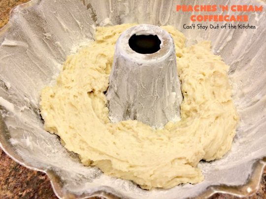 Peaches 'n Cream Coffeecake | Can't Stay Out of the Kitchen | this awesome #peach #coffeecake is one of our favorites. While it's a terrific #cake for #dessert, we like it for #breakfast! Perfect for summer #holidays like #FourthofJuly or #LaborDay.