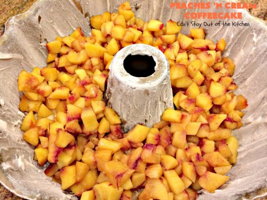 Peaches 'n Cream Coffeecake | Can't Stay Out of the Kitchen | this awesome #peach #coffeecake is one of our favorites. While it's a terrific #cake for #dessert, we like it for #breakfast! Perfect for summer #holidays like #FourthofJuly or #LaborDay.
