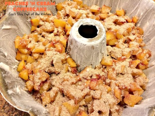 Peaches 'n Cream Coffeecake | Can't Stay Out of the Kitchen | this awesome #peach #coffeecake is one of our favorites. While it's a terrific #cake for #dessert, we like it for #breakfast! Perfect for summer #holidays like #FourthofJuly or #LaborDay.