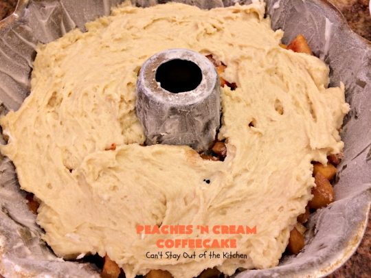 Peaches 'n Cream Coffeecake | Can't Stay Out of the Kitchen | this awesome #peach #coffeecake is one of our favorites. While it's a terrific #cake for #dessert, we like it for #breakfast! Perfect for summer #holidays like #FourthofJuly or #LaborDay.