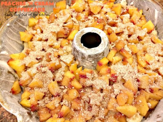 Peaches 'n Cream Coffeecake | Can't Stay Out of the Kitchen | this awesome #peach #coffeecake is one of our favorites. While it's a terrific #cake for #dessert, we like it for #breakfast! Perfect for summer #holidays like #FourthofJuly or #LaborDay.