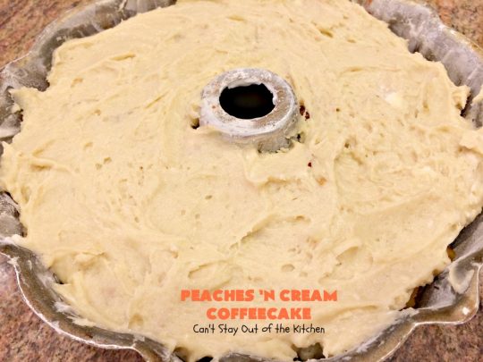 Peaches 'n Cream Coffeecake | Can't Stay Out of the Kitchen | this awesome #peach #coffeecake is one of our favorites. While it's a terrific #cake for #dessert, we like it for #breakfast! Perfect for summer #holidays like #FourthofJuly or #LaborDay.