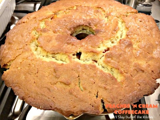 Peaches 'n Cream Coffeecake | Can't Stay Out of the Kitchen | this awesome #peach #coffeecake is one of our favorites. While it's a terrific #cake for #dessert, we like it for #breakfast! Perfect for summer #holidays like #FourthofJuly or #LaborDay.
