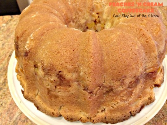 Peaches 'n Cream Coffeecake | Can't Stay Out of the Kitchen | this awesome #peach #coffeecake is one of our favorites. While it's a terrific #cake for #dessert, we like it for #breakfast! Perfect for summer #holidays like #FourthofJuly or #LaborDay.
