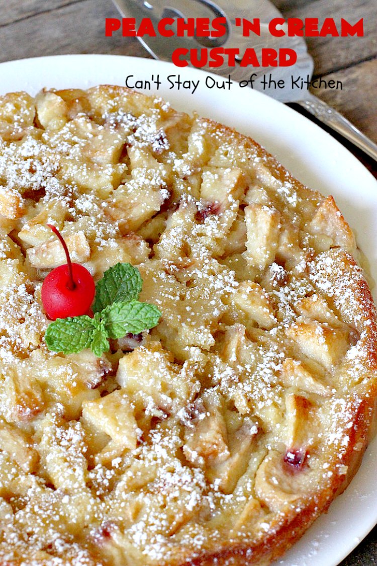 Peaches 'n Cream Custard | Can't Stay Out of the Kitchen | this light, fluffy, fruity pudding-type #dessert is terrific when you want something sweet, but not overly rich or calorie-laden. This one uses lots of fresh #WhiteFleshPeaches. #custard #cake #peaches #peachdessert #CANbassador #WashingtonStateFruitCommission #WashingtonStateStoneFruitGrowers