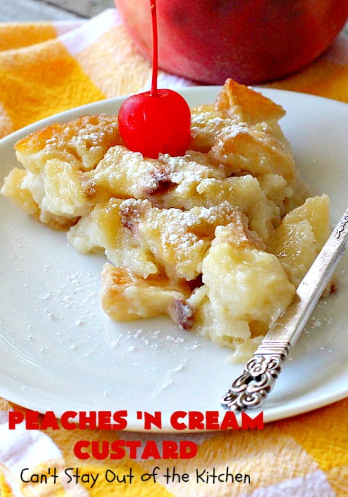 Peaches 'n Cream Custard | Can't Stay Out of the Kitchen | this light, fluffy, fruity pudding-type #dessert is terrific when you want something sweet, but not overly rich or calorie-laden. This one uses lots of fresh #WhiteFleshPeaches. #custard #cake #peaches #peachdessert #CANbassador #WashingtonStateFruitCommission #WashingtonStateStoneFruitGrowers