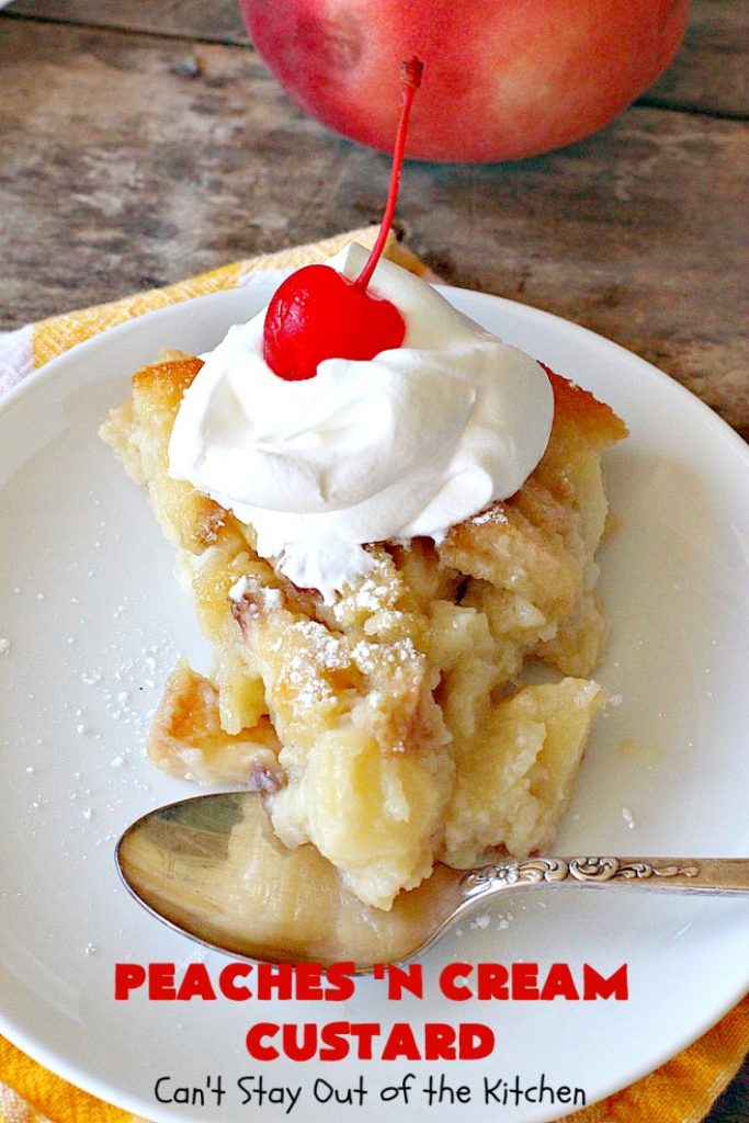 Peaches 'n Cream Custard | Can't Stay Out of the Kitchen | this light, fluffy, fruity pudding-type #dessert is terrific when you want something sweet, but not overly rich or calorie-laden. This one uses lots of fresh #WhiteFleshPeaches. #custard #cake #peaches #peachdessert #CANbassador #WashingtonStateFruitCommission #WashingtonStateStoneFruitGrowers