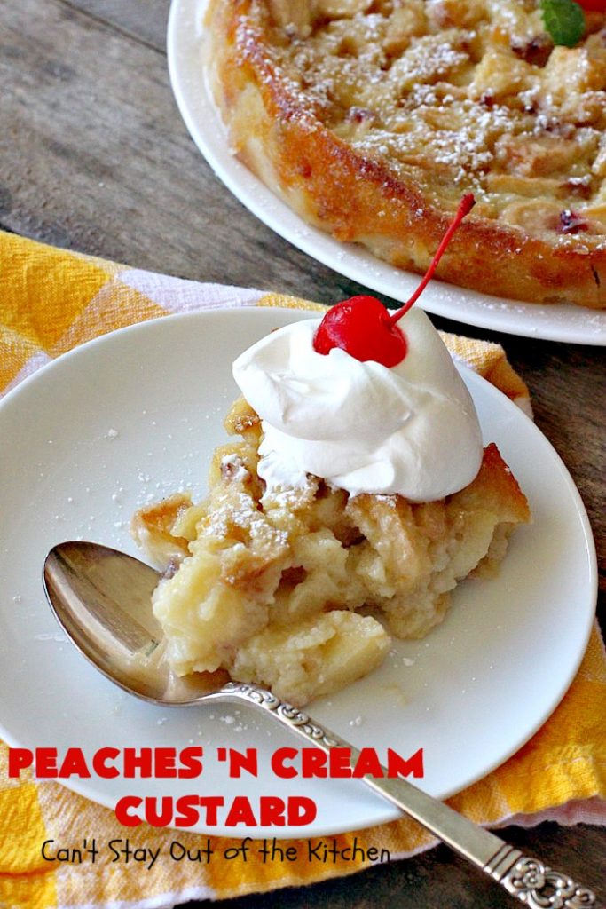 Peaches 'n Cream Custard | Can't Stay Out of the Kitchen | this light, fluffy, fruity pudding-type #dessert is terrific when you want something sweet, but not overly rich or calorie-laden. This one uses lots of fresh #WhiteFleshPeaches. #custard #cake #peaches #peachdessert #CANbassador #WashingtonStateFruitCommission #WashingtonStateStoneFruitGrowers