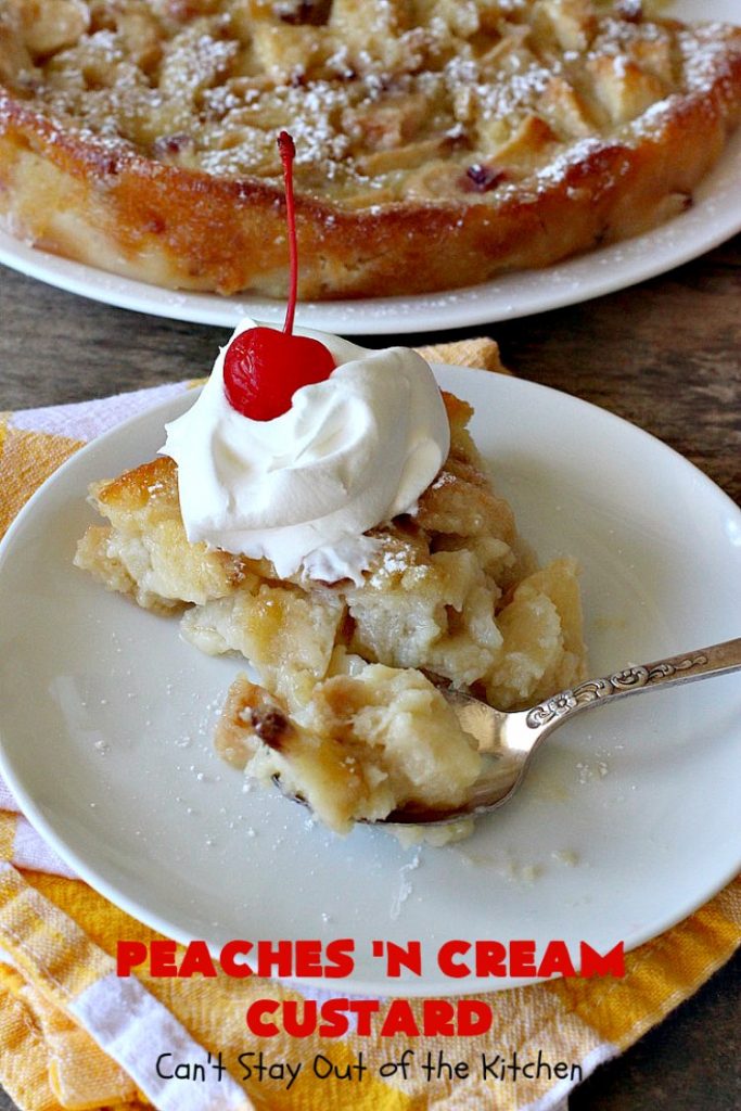 Peaches 'n Cream Custard | Can't Stay Out of the Kitchen | this light, fluffy, fruity pudding-type #dessert is terrific when you want something sweet, but not overly rich or calorie-laden. This one uses lots of fresh #WhiteFleshPeaches. #custard #cake #peaches #peachdessert #CANbassador #WashingtonStateFruitCommission #WashingtonStateStoneFruitGrowers