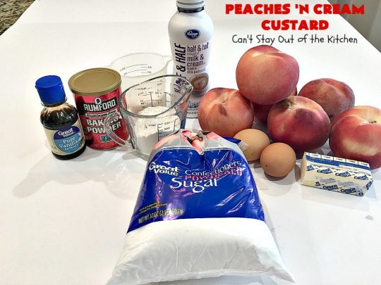 Peaches 'n Cream Custard | Can't Stay Out of the Kitchen | this light, fluffy, fruity pudding-type #dessert is terrific when you want something sweet, but not overly rich or calorie-laden. This one uses lots of fresh #WhiteFleshPeaches. #custard #cake #peaches #peachdessert #CANbassador #WashingtonStateFruitCommission #WashingtonStateStoneFruitGrowers