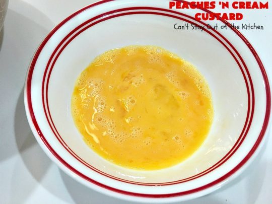 Peaches 'n Cream Custard | Can't Stay Out of the Kitchen | this light, fluffy, fruity pudding-type #dessert is terrific when you want something sweet, but not overly rich or calorie-laden. This one uses lots of fresh #WhiteFleshPeaches. #custard #cake #peaches #peachdessert #CANbassador #WashingtonStateFruitCommission #WashingtonStateStoneFruitGrowers