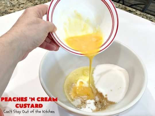 Peaches 'n Cream Custard | Can't Stay Out of the Kitchen | this light, fluffy, fruity pudding-type #dessert is terrific when you want something sweet, but not overly rich or calorie-laden. This one uses lots of fresh #WhiteFleshPeaches. #custard #cake #peaches #peachdessert #CANbassador #WashingtonStateFruitCommission #WashingtonStateStoneFruitGrowers