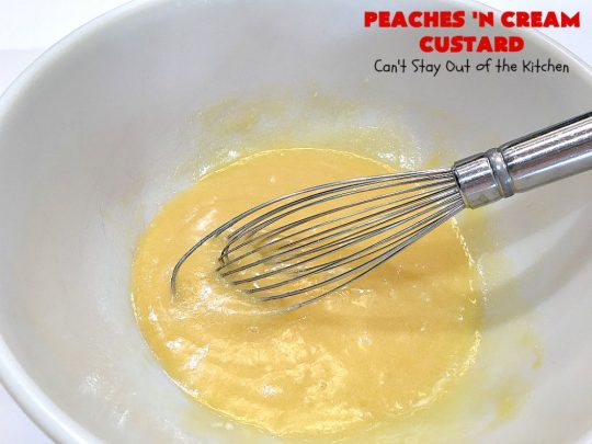 Peaches 'n Cream Custard | Can't Stay Out of the Kitchen | this light, fluffy, fruity pudding-type #dessert is terrific when you want something sweet, but not overly rich or calorie-laden. This one uses lots of fresh #WhiteFleshPeaches. #custard #cake #peaches #peachdessert #CANbassador #WashingtonStateFruitCommission #WashingtonStateStoneFruitGrowers