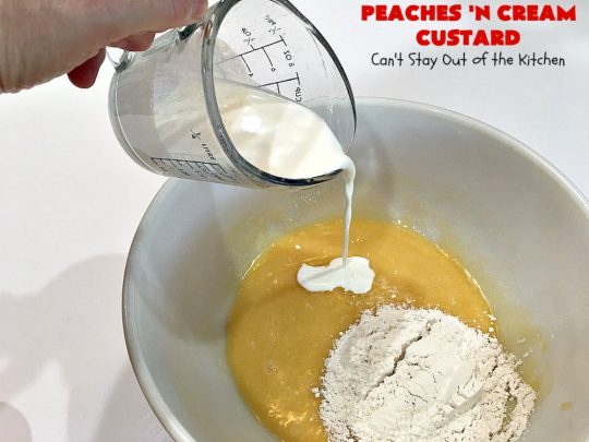 Peaches 'n Cream Custard | Can't Stay Out of the Kitchen | this light, fluffy, fruity pudding-type #dessert is terrific when you want something sweet, but not overly rich or calorie-laden. This one uses lots of fresh #WhiteFleshPeaches. #custard #cake #peaches #peachdessert #CANbassador #WashingtonStateFruitCommission #WashingtonStateStoneFruitGrowers
