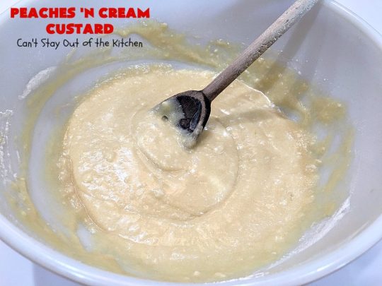 Peaches 'n Cream Custard | Can't Stay Out of the Kitchen | this light, fluffy, fruity pudding-type #dessert is terrific when you want something sweet, but not overly rich or calorie-laden. This one uses lots of fresh #WhiteFleshPeaches. #custard #cake #peaches #peachdessert #CANbassador #WashingtonStateFruitCommission #WashingtonStateStoneFruitGrowers