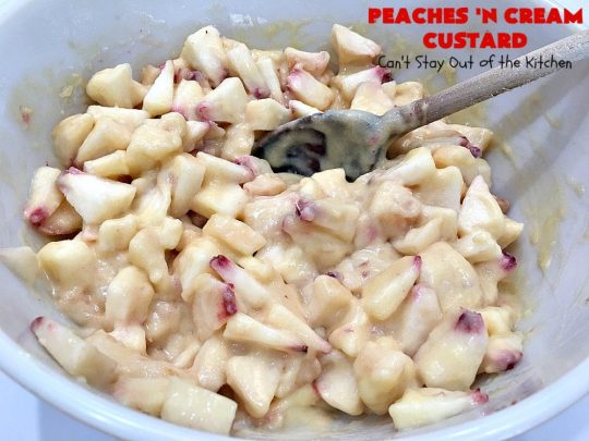 Peaches 'n Cream Custard | Can't Stay Out of the Kitchen | this light, fluffy, fruity pudding-type #dessert is terrific when you want something sweet, but not overly rich or calorie-laden. This one uses lots of fresh #WhiteFleshPeaches. #custard #cake #peaches #peachdessert #CANbassador #WashingtonStateFruitCommission #WashingtonStateStoneFruitGrowers