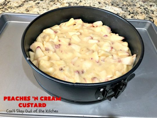 Peaches 'n Cream Custard | Can't Stay Out of the Kitchen | this light, fluffy, fruity pudding-type #dessert is terrific when you want something sweet, but not overly rich or calorie-laden. This one uses lots of fresh #WhiteFleshPeaches. #custard #cake #peaches #peachdessert #CANbassador #WashingtonStateFruitCommission #WashingtonStateStoneFruitGrowers