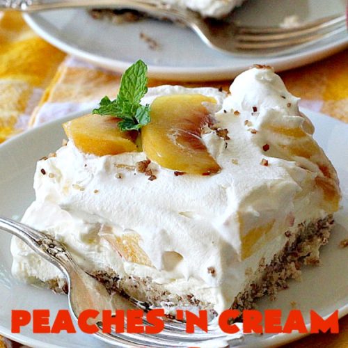 Peaches 'n Cream Delight| Can't Stay Out of the Kitchen | this lovely #cheesecake #dessert is absolutely heavenly. It has has a scrumptious layer of fresh #peaches in the middle that pops with flavor. Terrific for #company or #holiday menus. #peachdessert #CANbassador #WashingtonStateFruitCommission #WashingtonStateStoneFruitGrowers