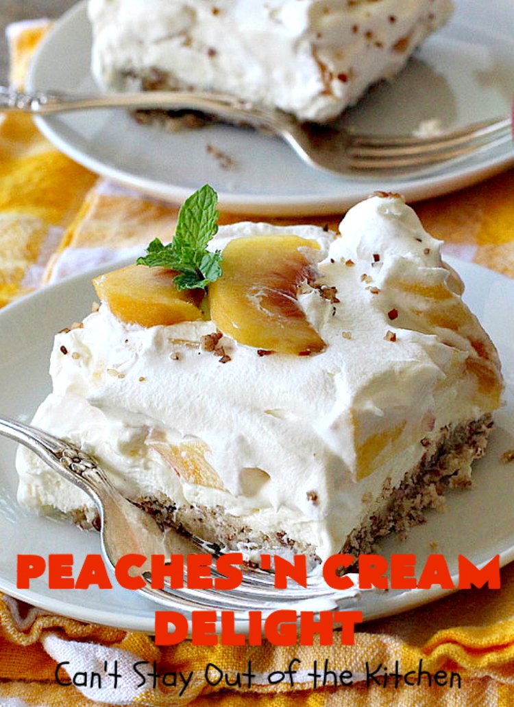 Peaches 'n Cream Delight| Can't Stay Out of the Kitchen | this lovely #cheesecake #dessert is absolutely heavenly. It has has a scrumptious layer of fresh #peaches in the middle that pops with flavor. Terrific for #company or #holiday menus. #peachdessert #CANbassador #WashingtonStateFruitCommission #WashingtonStateStoneFruitGrowers