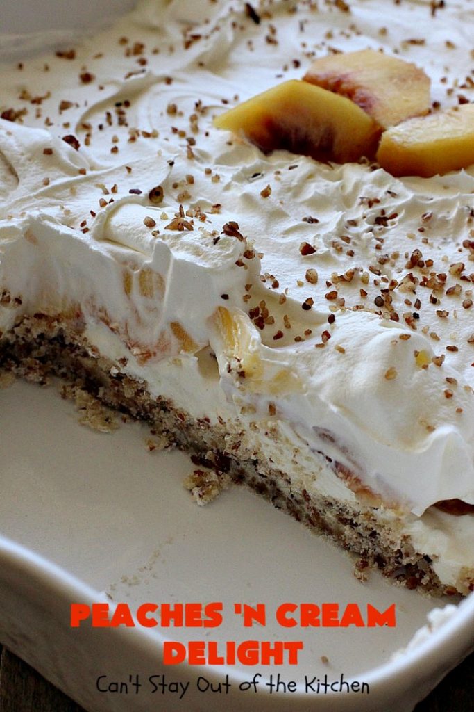 Peaches 'n Cream Delight| Can't Stay Out of the Kitchen | this lovely #cheesecake #dessert is absolutely heavenly. It has has a scrumptious layer of fresh #peaches in the middle that pops with flavor. Terrific for #company or #holiday menus. #peachdessert #CANbassador #WashingtonStateFruitCommission #WashingtonStateStoneFruitGrowers
