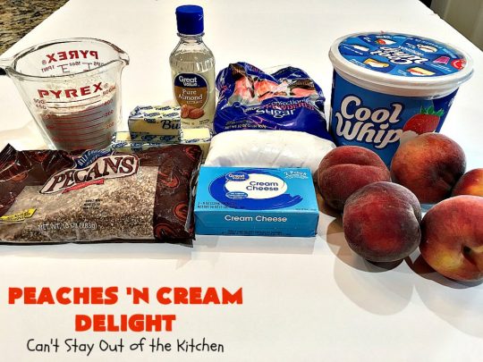 Peaches 'n Cream Delight| Can't Stay Out of the Kitchen | this lovely #cheesecake #dessert is absolutely heavenly. It has has a scrumptious layer of fresh #peaches in the middle that pops with flavor. Terrific for #company or #holiday menus. #peachdessert #CANbassador #WashingtonStateFruitCommission #WashingtonStateStoneFruitGrowers