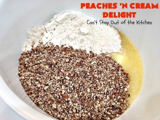 Peaches 'n Cream Delight| Can't Stay Out of the Kitchen | this lovely #cheesecake #dessert is absolutely heavenly. It has has a scrumptious layer of fresh #peaches in the middle that pops with flavor. Terrific for #company or #holiday menus. #peachdessert #CANbassador #WashingtonStateFruitCommission #WashingtonStateStoneFruitGrowers