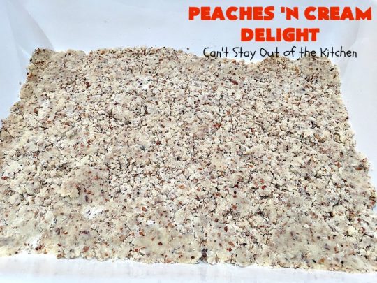 Peaches 'n Cream Delight| Can't Stay Out of the Kitchen | this lovely #cheesecake #dessert is absolutely heavenly. It has has a scrumptious layer of fresh #peaches in the middle that pops with flavor. Terrific for #company or #holiday menus. #peachdessert #CANbassador #WashingtonStateFruitCommission #WashingtonStateStoneFruitGrowers