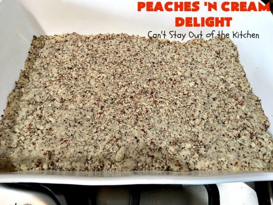Peaches 'n Cream Delight| Can't Stay Out of the Kitchen | this lovely #cheesecake #dessert is absolutely heavenly. It has has a scrumptious layer of fresh #peaches in the middle that pops with flavor. Terrific for #company or #holiday menus. #peachdessert #CANbassador #WashingtonStateFruitCommission #WashingtonStateStoneFruitGrowers