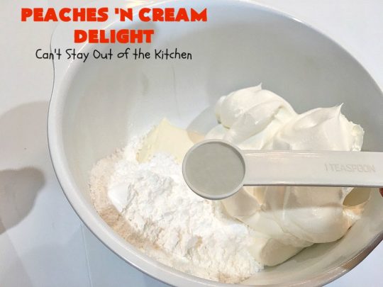 Peaches 'n Cream Delight| Can't Stay Out of the Kitchen | this lovely #cheesecake #dessert is absolutely heavenly. It has has a scrumptious layer of fresh #peaches in the middle that pops with flavor. Terrific for #company or #holiday menus. #peachdessert #CANbassador #WashingtonStateFruitCommission #WashingtonStateStoneFruitGrowers