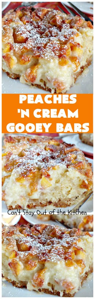 Peaches 'n Cream Gooey Bars | Can't Stay Out of the Kitchen | these ooey, gooey blondies are absolutely divine! They're filled with #cheesecake filling & topped with fresh #peaches & #cinnamon-sugar. Perfect for summer #holiday menus like #FathersDay #MemorialDay & #FourthofJuly. #dessert