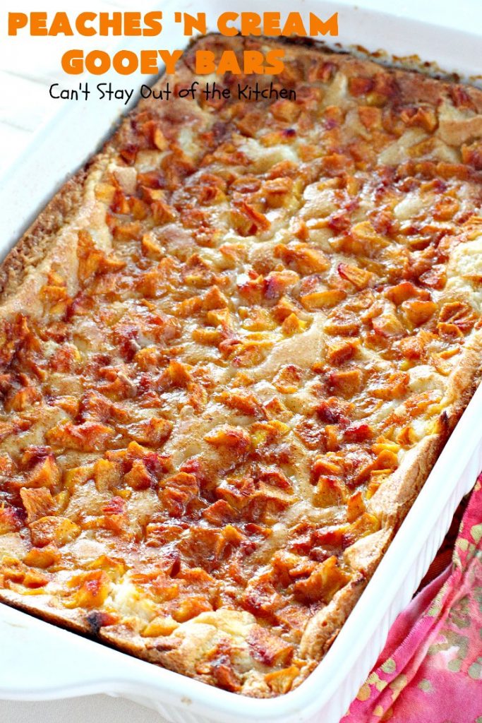 Peaches 'n Cream Gooey Bars | Can't Stay Out of the Kitchen | these ooey, gooey blondies are absolutely divine! They're filled with #cheesecake filling & topped with fresh #peaches & #cinnamon-sugar. Perfect for summer #holiday menus like #FathersDay #MemorialDay & #FourthofJuly. #dessert
