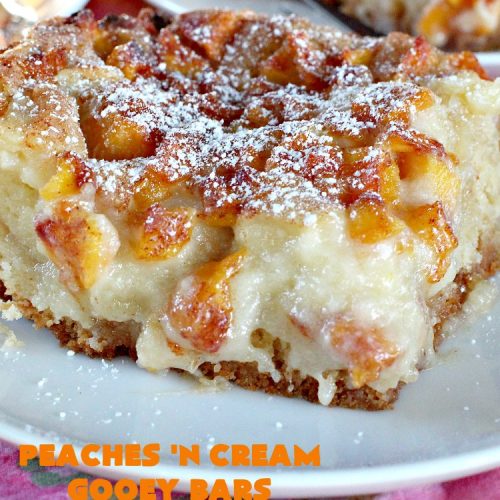 Peaches 'n Cream Gooey Bars | Can't Stay Out of the Kitchen | these ooey, gooey blondies are absolutely divine! They're filled with #cheesecake filling & topped with fresh #peaches & #cinnamon-sugar. Perfect for summer #holiday menus like #FathersDay #MemorialDay & #FourthofJuly. #dessert