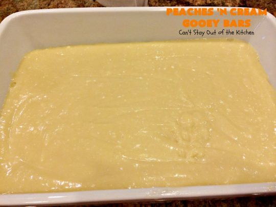 Peaches 'n Cream Gooey Bars | Can't Stay Out of the Kitchen | these ooey, gooey blondies are absolutely divine! They're filled with #cheesecake filling & topped with fresh #peaches & #cinnamon-sugar. Perfect for summer #holiday menus like #FathersDay #MemorialDay & #FourthofJuly. #dessert