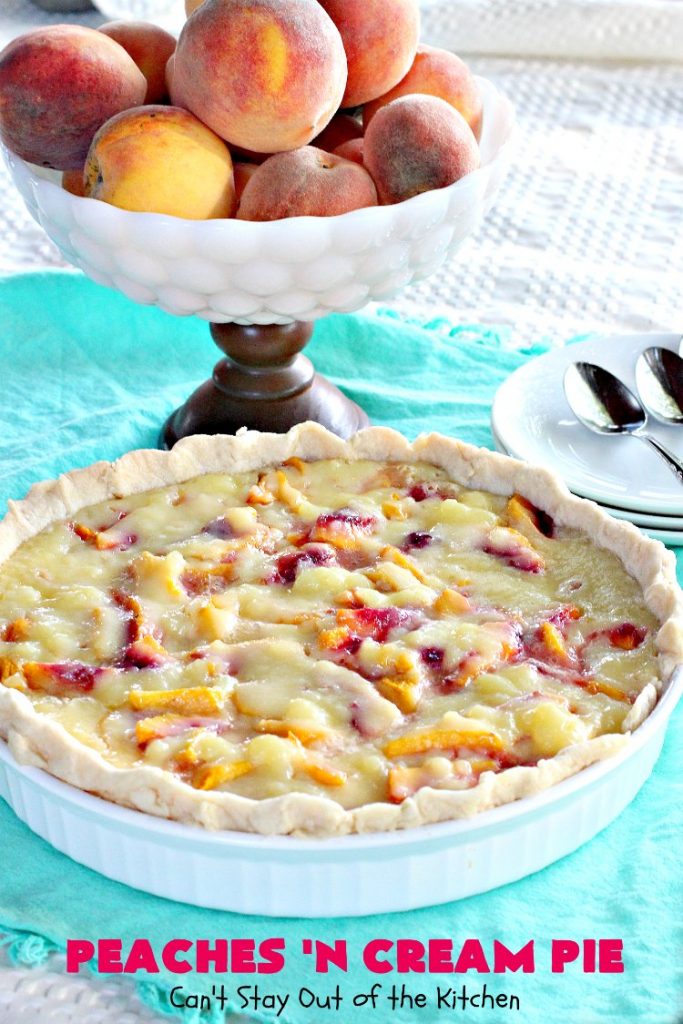 Peaches 'n Cream Pie | Can't Stay Out of the Kitchen | this amazing #peachpie has a yummy #custard filling. Wonderful for a #summer #dessert while fresh #peaches are in season.