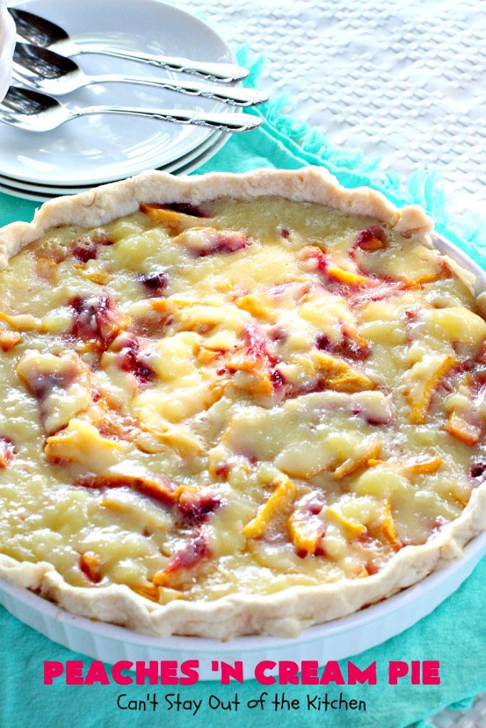 Peaches 'n Cream Pie | Can't Stay Out of the Kitchen | this amazing #peachpie has a yummy #custard filling. Wonderful for a #summer #dessert while fresh #peaches are in season.