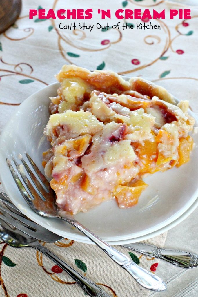 Peaches 'n Cream Pie | Can't Stay Out of the Kitchen | this amazing #peachpie has a yummy #custard filling. Wonderful for a #summer #dessert while fresh #peaches are in season.