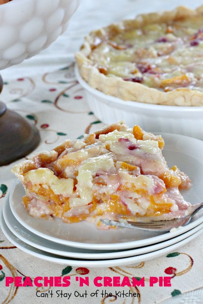 Peaches 'n Cream Pie | Can't Stay Out of the Kitchen | this amazing #peachpie has a yummy #custard filling. Wonderful for a #summer #dessert while fresh #peaches are in season.