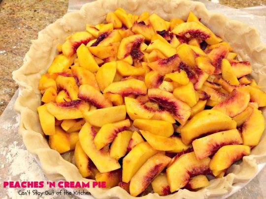 Peaches 'n Cream Pie | Can't Stay Out of the Kitchen | this amazing #peachpie has a yummy #custard filling. Wonderful for a #summer #dessert while fresh #peaches are in season.