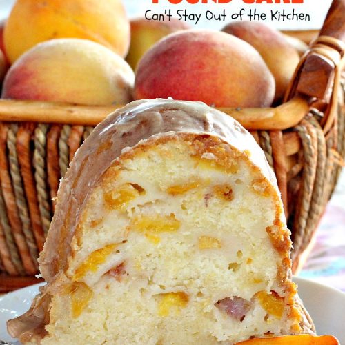 Peaches 'n Cream Pound Cake | Can't Stay Out of the Kitchen | This fabulous #cake is the perfect #summer #dessert. It's full of fresh #peaches & very moist. The #cinnamon glaze is especially good. #holiday #baking