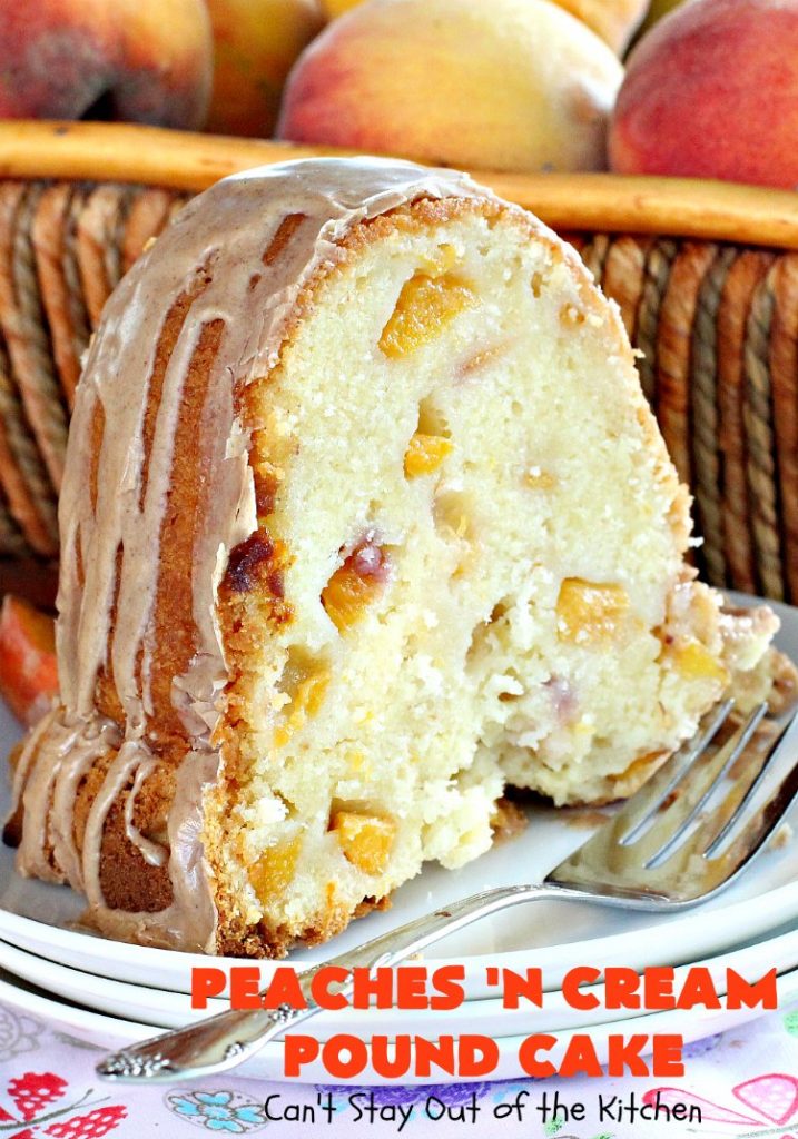 Peaches 'n Cream Pound Cake | Can't Stay Out of the Kitchen | This fabulous #cake is the perfect #summer #dessert. It's full of fresh #peaches & very moist. The #cinnamon glaze is especially good. #holiday #baking