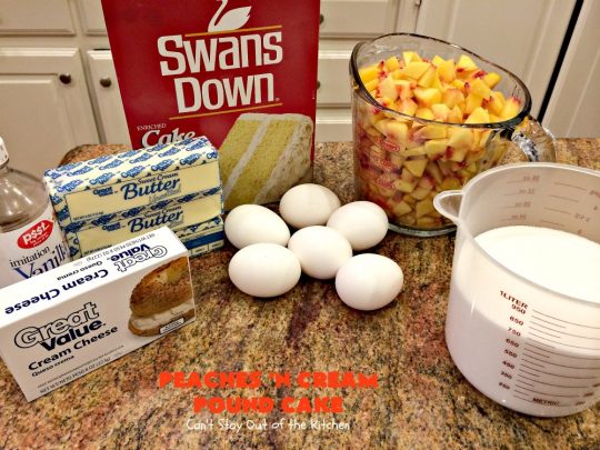 Peaches 'n Cream Pound Cake | Can't Stay Out of the Kitchen | This fabulous #cake is the perfect #summer #dessert. It's full of fresh #peaches & very moist. The #cinnamon glaze is especially good. #holiday #baking