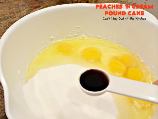 Peaches 'n Cream Pound Cake | Can't Stay Out of the Kitchen | This fabulous #cake is the perfect #summer #dessert. It's full of fresh #peaches & very moist. The #cinnamon glaze is especially good. #holiday #baking