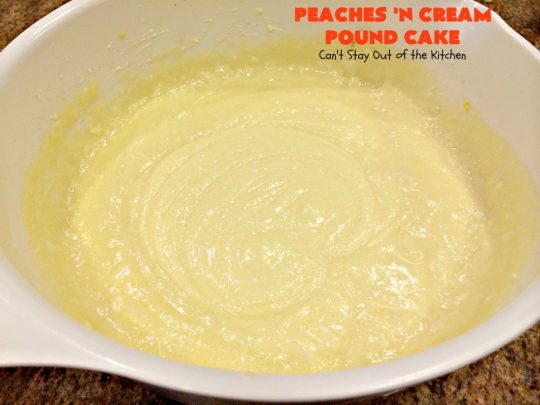 Peaches 'n Cream Pound Cake | Can't Stay Out of the Kitchen | This fabulous #cake is the perfect #summer #dessert. It's full of fresh #peaches & very moist. The #cinnamon glaze is especially good. #holiday #baking