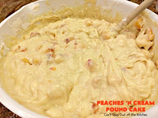 Peaches 'n Cream Pound Cake | Can't Stay Out of the Kitchen | This fabulous #cake is the perfect #summer #dessert. It's full of fresh #peaches & very moist. The #cinnamon glaze is especially good. #holiday #baking
