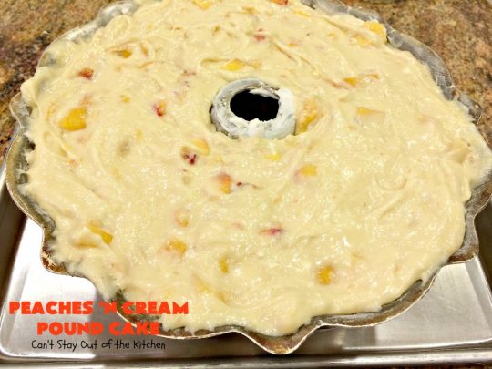 Peaches 'n Cream Pound Cake | Can't Stay Out of the Kitchen | This fabulous #cake is the perfect #summer #dessert. It's full of fresh #peaches & very moist. The #cinnamon glaze is especially good. #holiday #baking