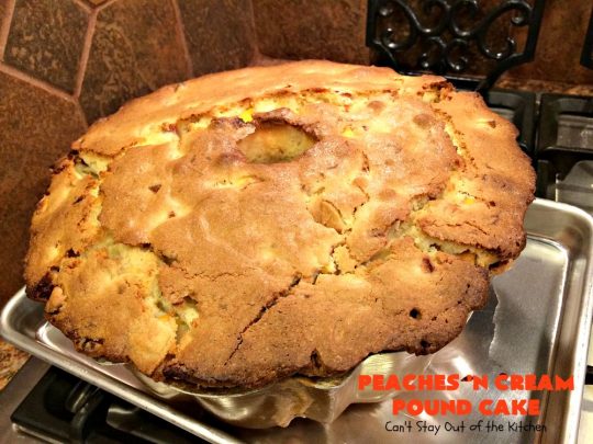 Peaches 'n Cream Pound Cake | Can't Stay Out of the Kitchen | This fabulous #cake is the perfect #summer #dessert. It's full of fresh #peaches & very moist. The #cinnamon glaze is especially good. #holiday #baking