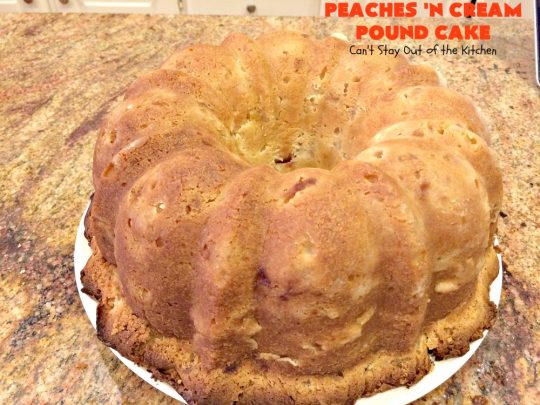 Peaches 'n Cream Pound Cake | Can't Stay Out of the Kitchen | This fabulous #cake is the perfect #summer #dessert. It's full of fresh #peaches & very moist. The #cinnamon glaze is especially good. #holiday #baking