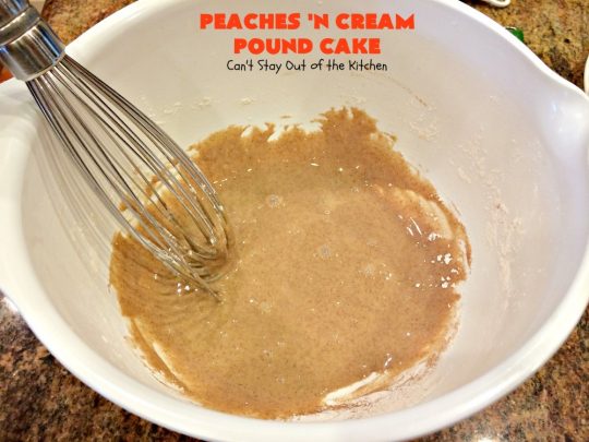 Peaches 'n Cream Pound Cake | Can't Stay Out of the Kitchen | This fabulous #cake is the perfect #summer #dessert. It's full of fresh #peaches & very moist. The #cinnamon glaze is especially good. #holiday #baking