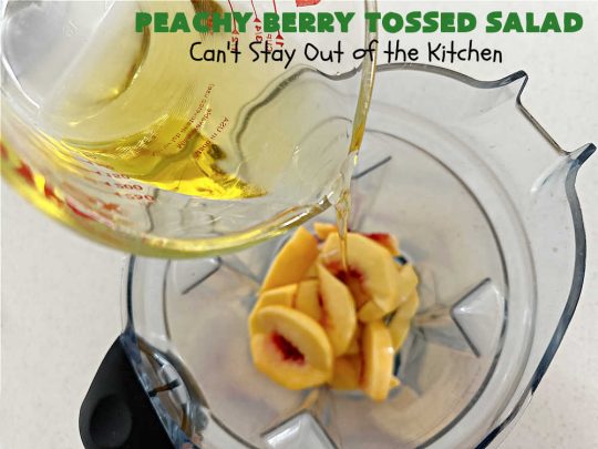 Peachy Berry Tossed Salad | Can't Stay Out of the Kitchen | this scrumptious #TossedSalad rates A+ with our family! It's made with fresh #peaches, #raspberries, #blueberries & FetaCheese. The #SaladDressing uses #healthy ingredients & also includes #FreshPeaches. This sensational #salad is fantastic for company or #potlucks, but so delicious you'll want to make it frequently for your family! #GlutenFree #PeachyBerryTossedSalad